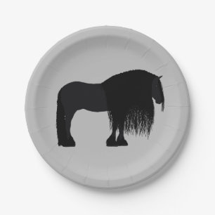 Modern Friesian Horse Illustration Grey Paper Plates