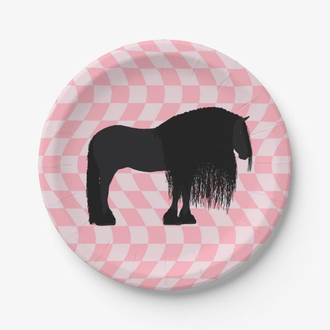 Modern Friesian Horse Illustration Pink Checks Paper Plates (Front)
