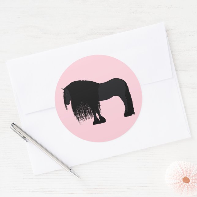 Modern Friesian Horse Illustration Pink Classic Round Sticker (Envelope)