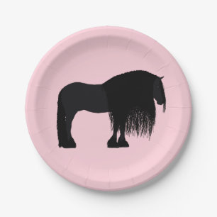 Modern Friesian Horse Illustration Pink Paper Plates
