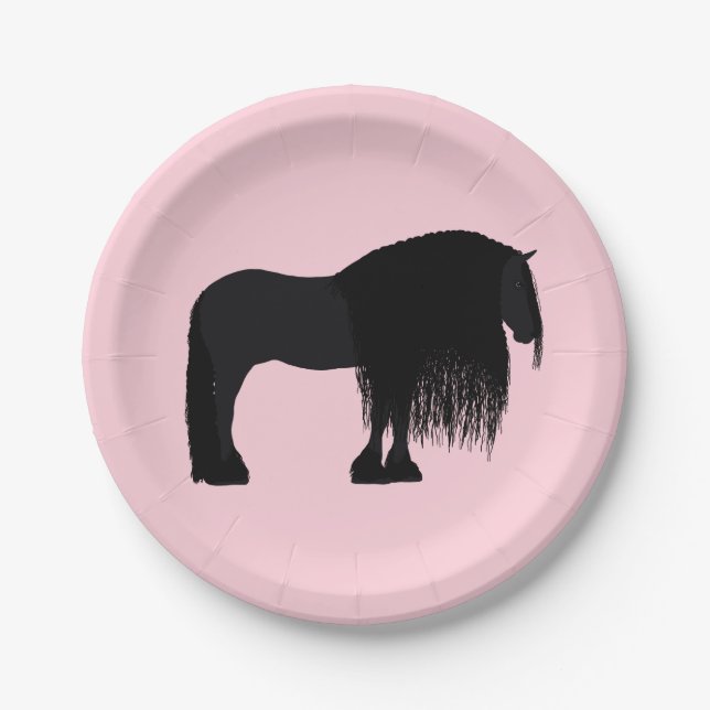 Modern Friesian Horse Illustration Pink Paper Plates (Front)