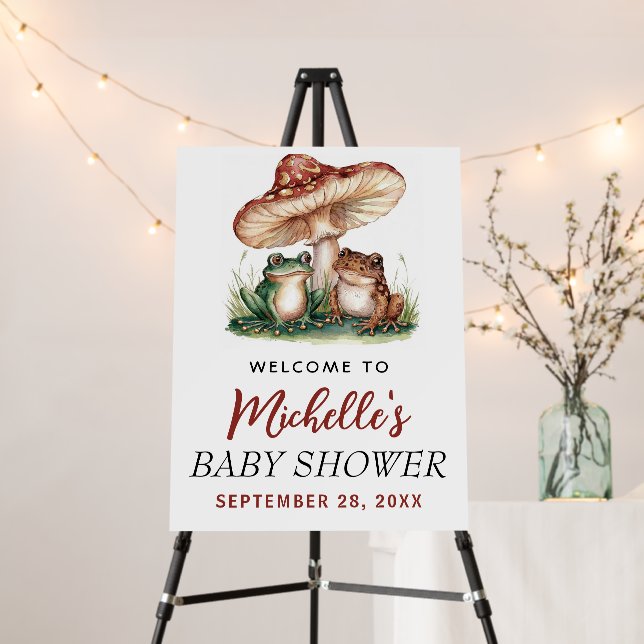 Modern Frog and Mushrooms Baby Shower Welcome Sign (In Situ (Stand))