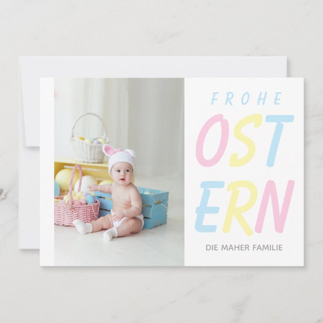 Modern Frohe Ostern Pastel Personalized Photo Holiday Card (Front)