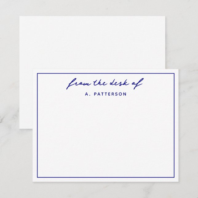 Modern From The Desk Of True Navy Blue Border Note Card (Front/Back)