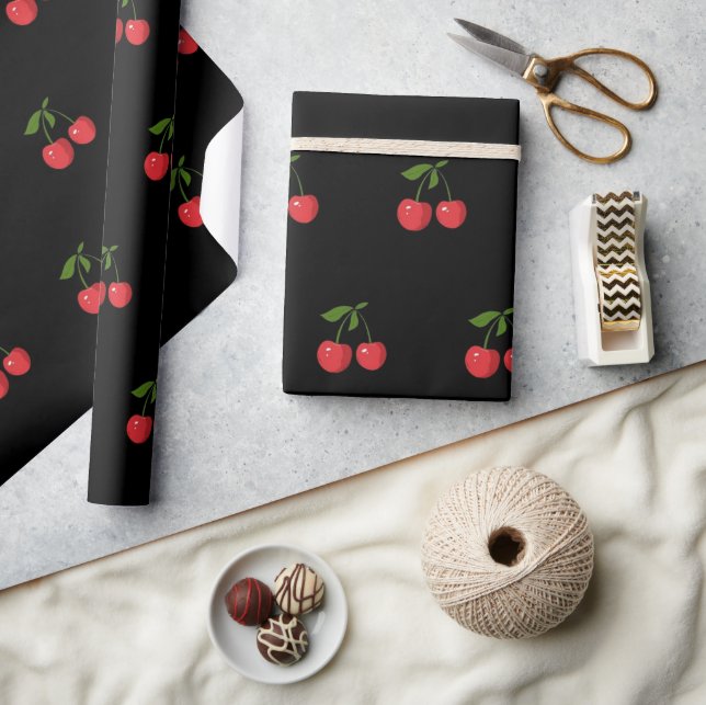 Modern Fruit Pattern Black & Red Cherry Wrapping Paper (Crafts)