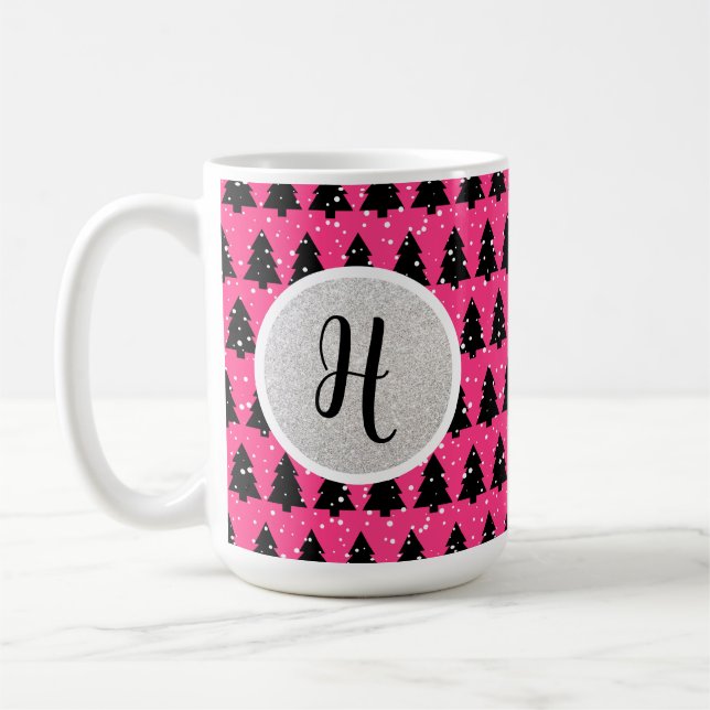 Modern Fuchsia And Black Christmas Tree Monogram Coffee Mug (Left)