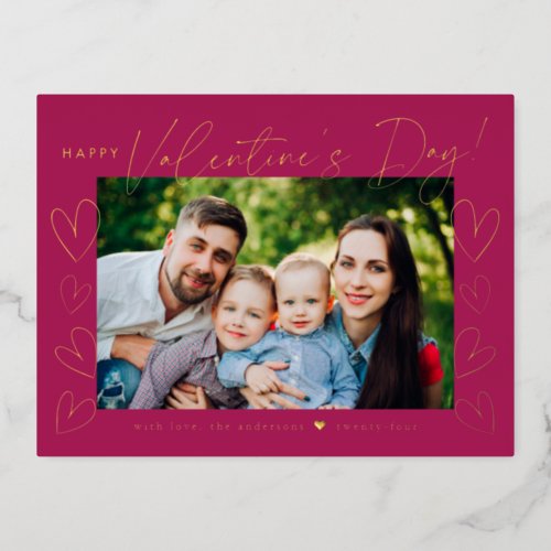 Modern Fuchsia and Gold Script Valentines Day Foil Holiday Postcard
