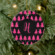 Modern Fuchsia & Black Christmas Tree Monogram Ce