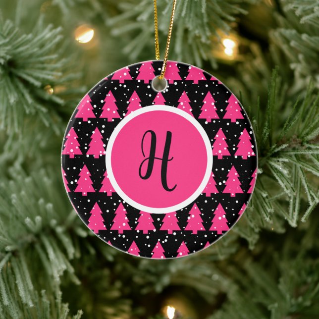 Modern Fuchsia & Black Christmas Tree Monogram  Ce Ceramic Ornament (Tree)