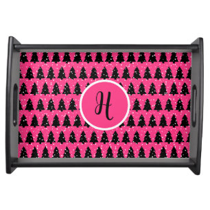 Modern Fuchsia & Black Christmas Tree Monogram Ser Serving Tray