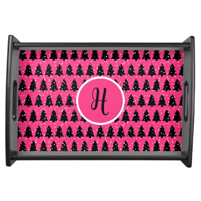 Modern Fuchsia & Black Christmas Tree Monogram Ser Serving Tray (Front)