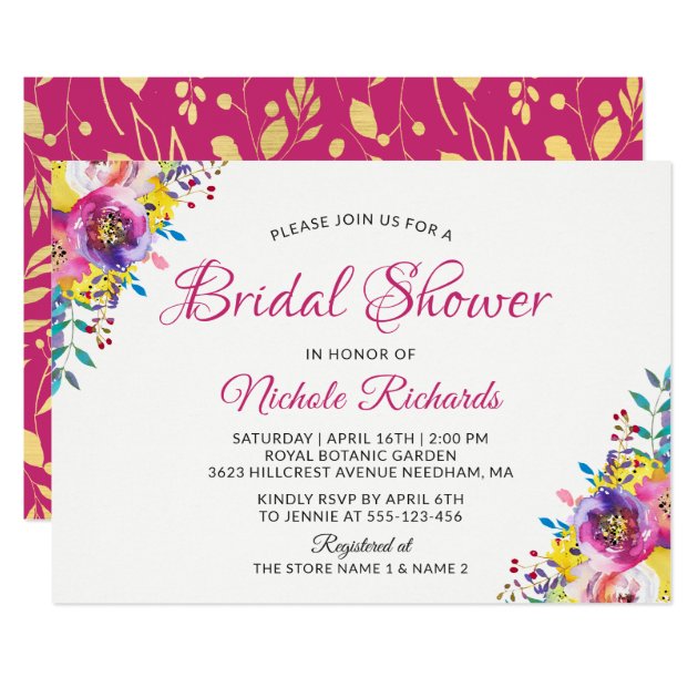 Modern Fuchsia Gold Floral Blossom Bridal Shower Invitation