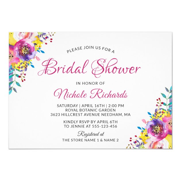 Modern Fuchsia Gold Floral Blossom Bridal Shower Invitation