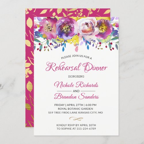 Modern Fuchsia Gold floral Garden Rehearsal Dinner Invitation