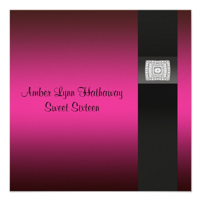 Modern Fuchsia Hot Pink Black Sweet Sixteen Custom Announcements