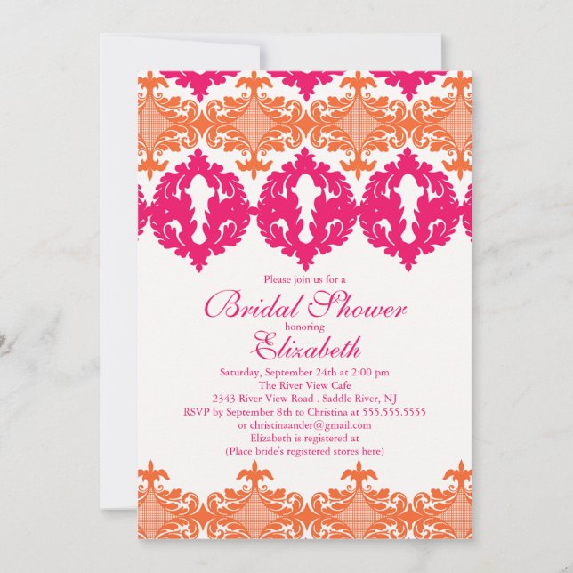 Modern Fuchsia & Orange Damask Bridal Shower Invitation (Front)
