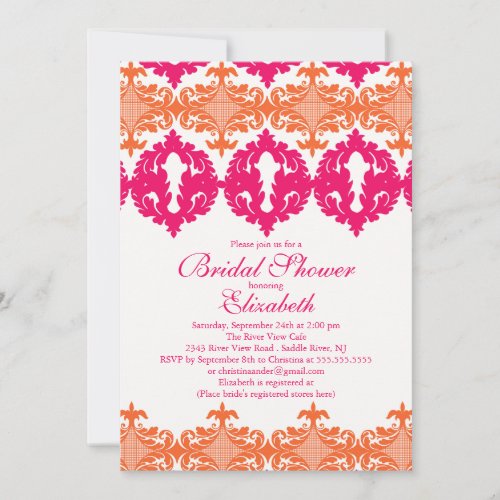 Modern Fuchsia &amp; Orange Damask Bridal Shower Custom Announcement