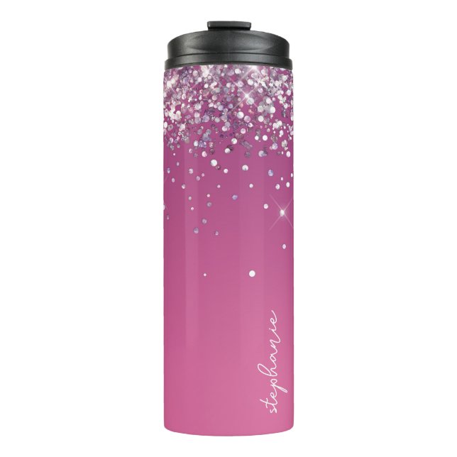Modern Fuchsia Pink Glitter Custom  Thermal Tumbler (Front)