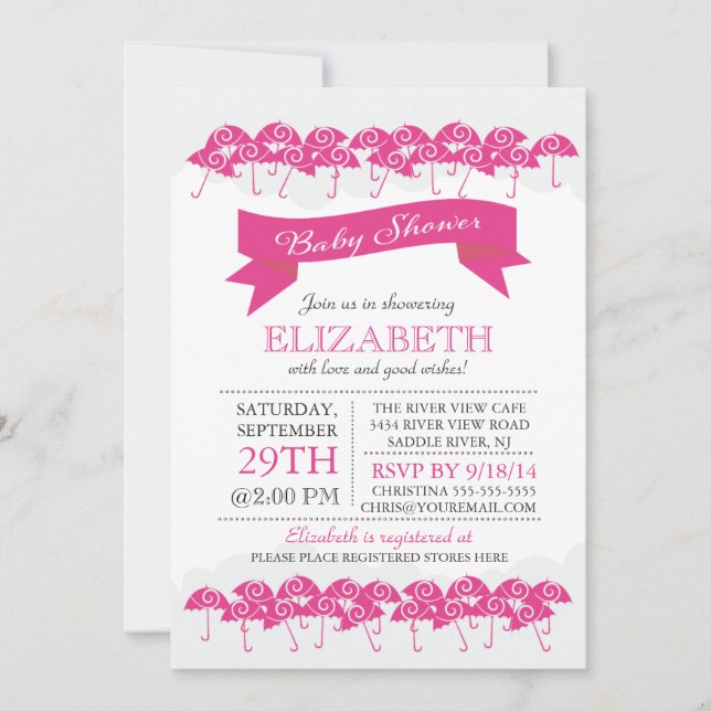 Modern Fuchsia Pink Umbrella Girls Baby Shower Invitation (Front)