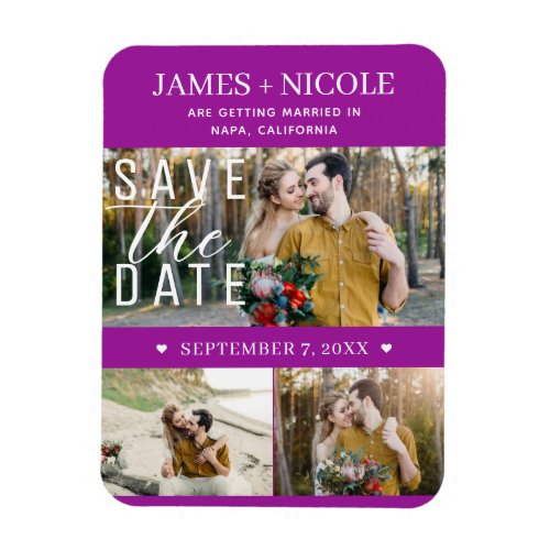 Modern Fuchsia Save the Date Wedding 3 Photos Magnet
