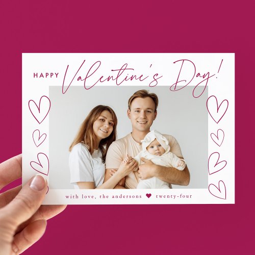 Modern Fuchsia Script Valentines Day Photo Holiday Card