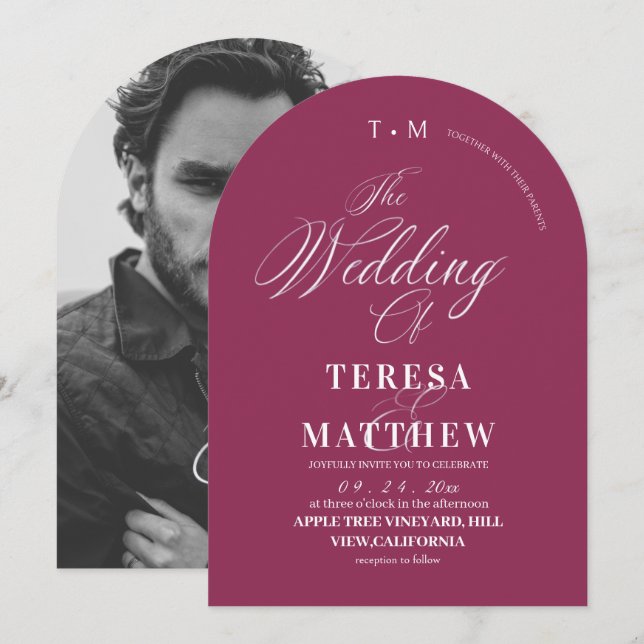Modern Fuchsia Script Wedding Photo Invitation (Front/Back)
