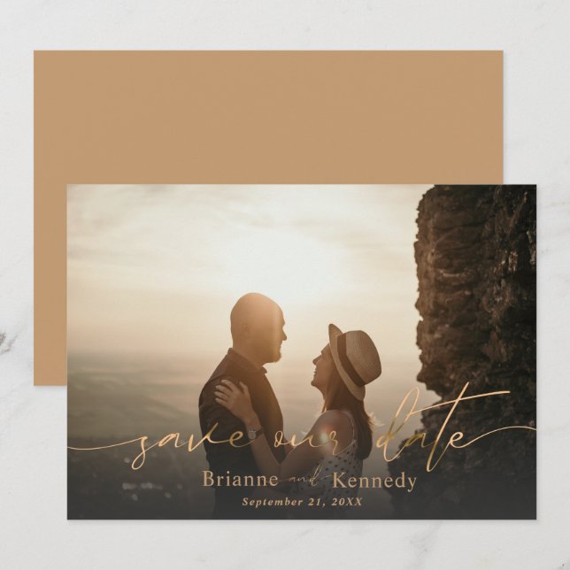 Modern Full Bleed Photo & Signature Script in Gold Save The Date (Front/Back)