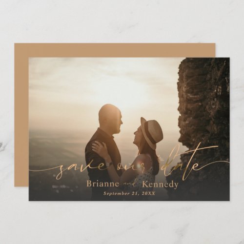 Modern Full Bleed Photo  Signature Script in Gold Save The Date