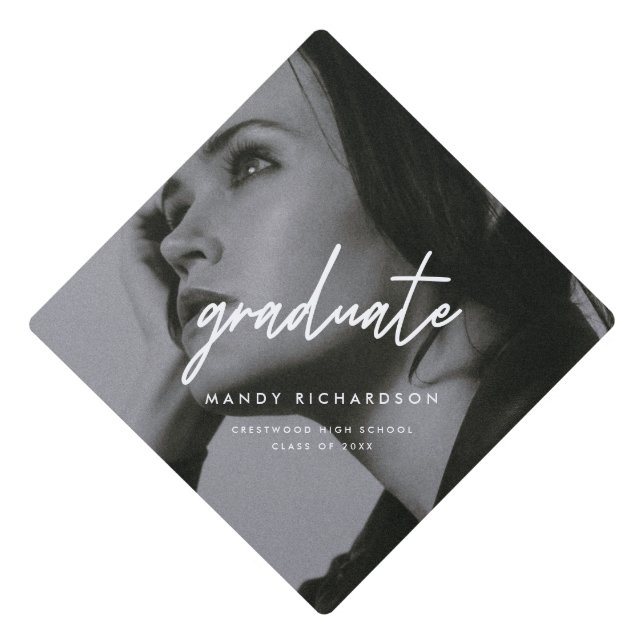 Modern Full Photo Script Black & White Graduation Cap Topper (Front)