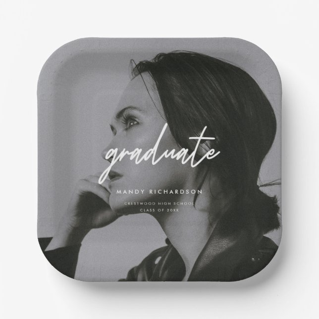 Modern Full Photo Script Custom Graduation Party Paper Plates (Front)