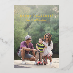 Modern Full Photo Typewriter Text Overlay Gold Foil Holiday Card