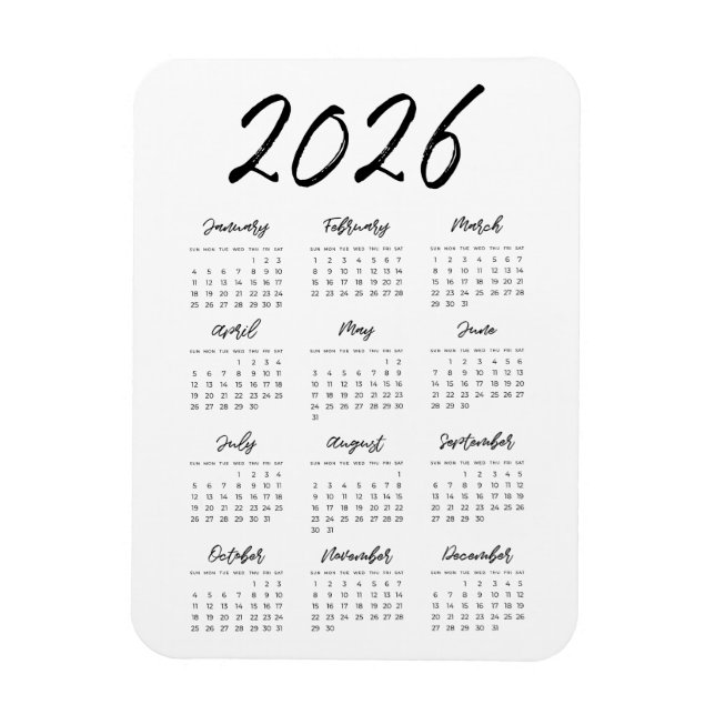 Modern full year 2026 calendar magnet (Vertical)