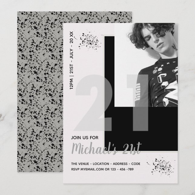 Modern Fun 21st | Birthday PHOTO Male Invitation (Front/Back)