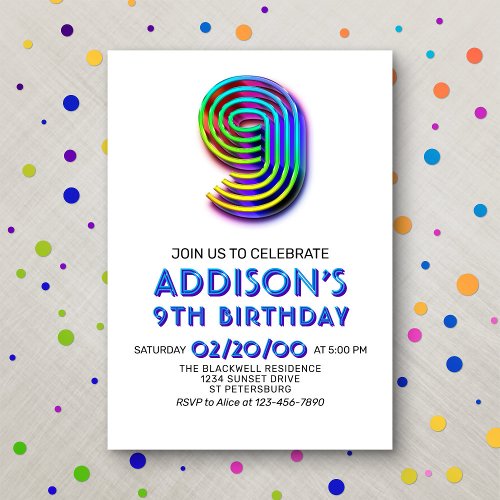 Modern Fun 9th Birthday Invitation