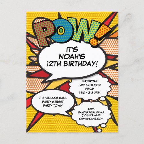 Modern Fun Birthday Party Comic POW Invitation Postcard