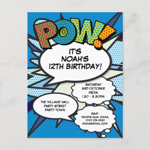 Modern Fun Blue Birthday Comic POW Any Age Invitation Postcard