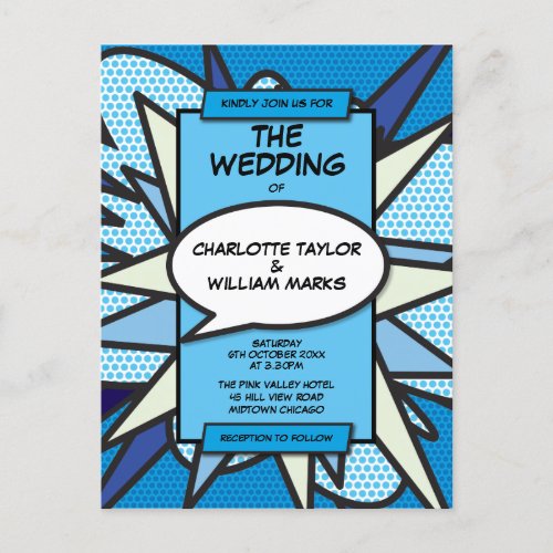 Modern Fun Blue Comic Book Wedding Invitation Postcard