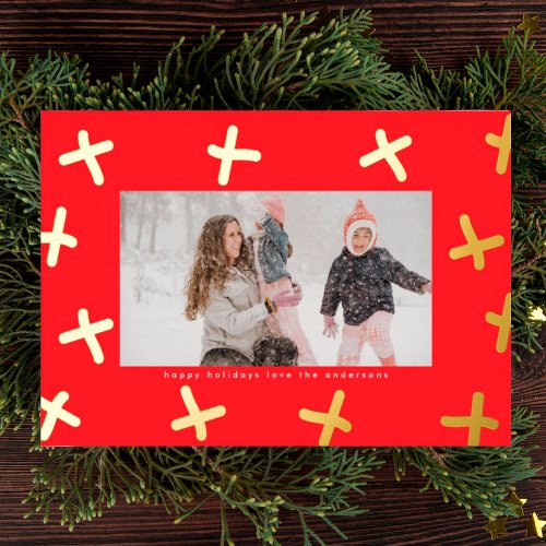 Modern Fun Border  Gold  Red Christmas Crosses Foil Holiday Card