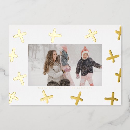 Modern Fun Border  Gold  White Christmas Crosses Foil Holiday Card