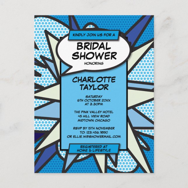 Modern Fun Bridal Shower Comic Book Blue Invitation Postcard (Front)