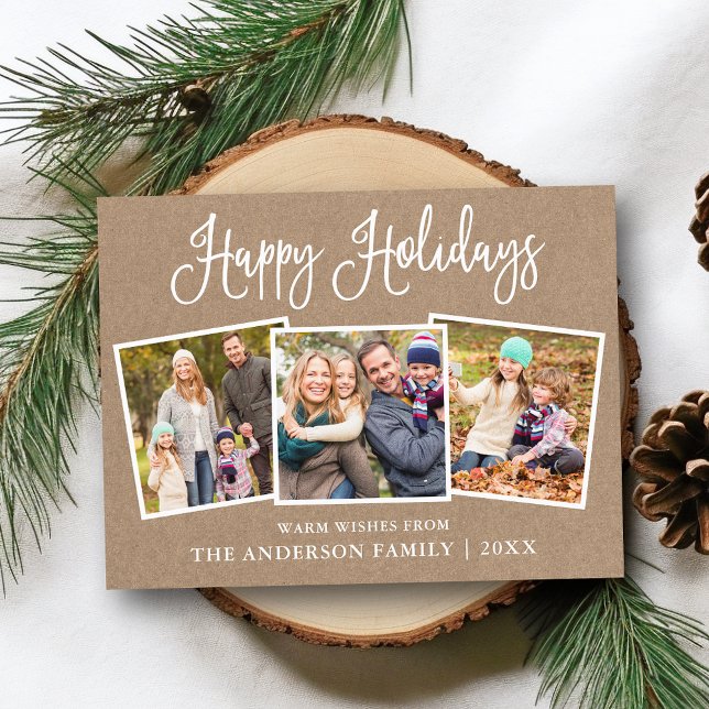 Modern Fun Calligraphy 3 Photo Kraft Holiday Postcard (Customize to change your personalized text size or text style.)
