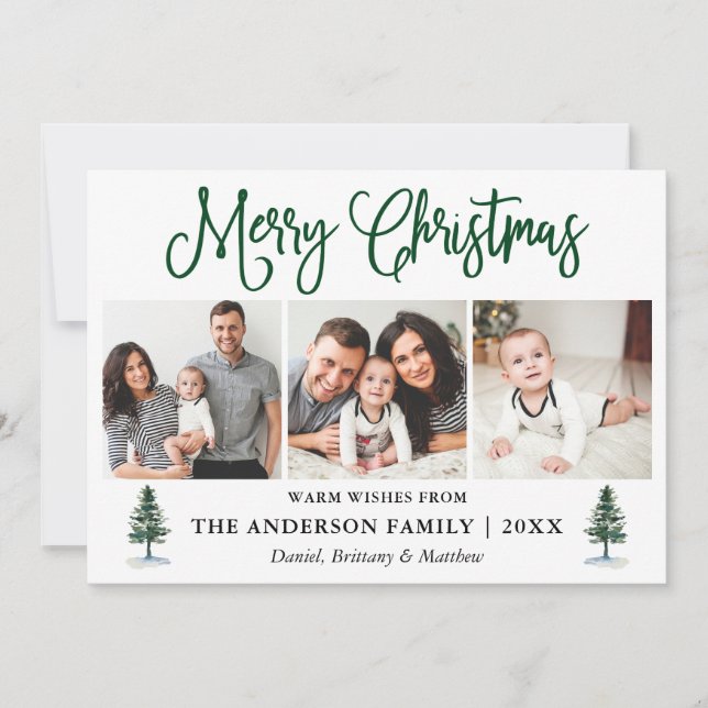 Modern Fun Calligraphy 3 Photo Pines Christmas  Holiday Card (Front)