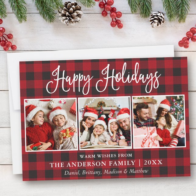 Modern Fun Calligraphy 3 Photo Plaid Holiday Card (Customize to add text to back of card.)