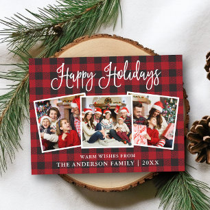Modern Fun Calligraphy 3 Photo Plaid Holiday Postcard
