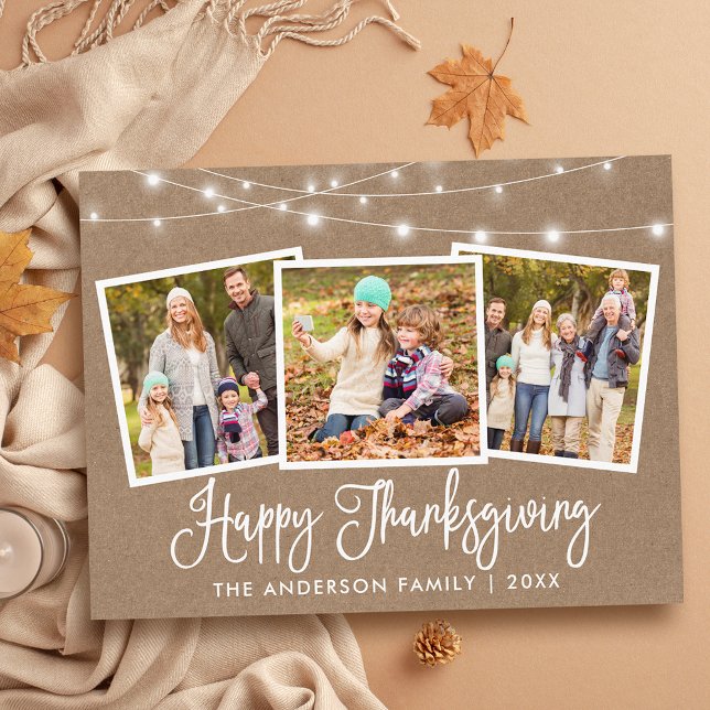 Modern Fun Calligraphy 3 Photo Thanksgiving Kraft Postcard (Customize to change your personalized text size or text style.)