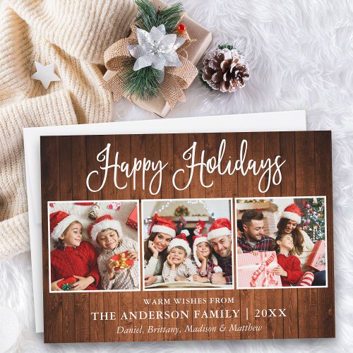 Modern Fun Calligraphy 3 Photo Wood Holiday Card