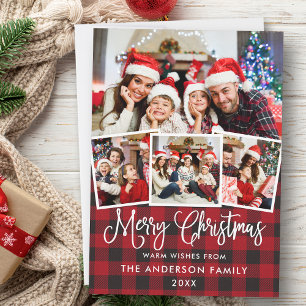 Modern Fun Calligraphy 4 Photo Christmas Red Plaid Holiday Card