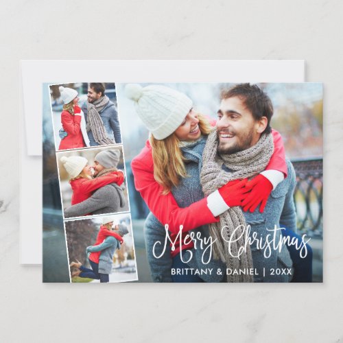 Modern Fun Calligraphy 4 Photo Couple Collage Holiday Card