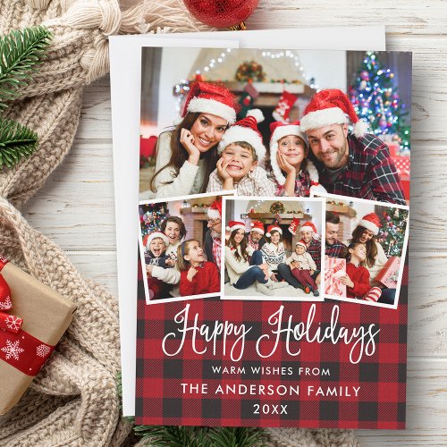 Modern Fun Calligraphy 4 Photo Red Plaid Holiday 