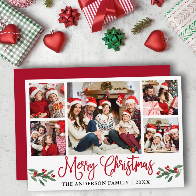 Modern Fun Calligraphy 5 Photo Christmas Red Holiday Card (Customize to add text to back or to change color of back of card.)